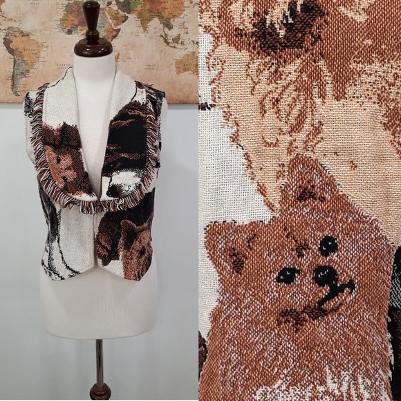Vintage Jackets & Blazers - Vtg 80s knit vest w/ dogs & fringe - Every Stitch Counts brand